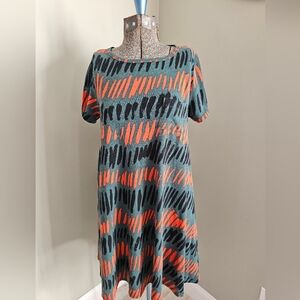 LuLaRoe Carly Orange/Green/Black A-line,Short Sleeve Swing Dress